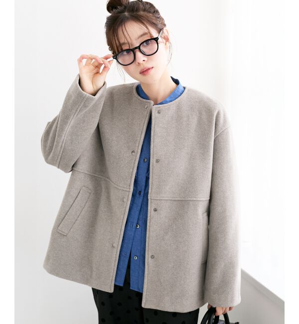  「ニットビーバーノーカラーミドルコート」|ノーカラーコート|