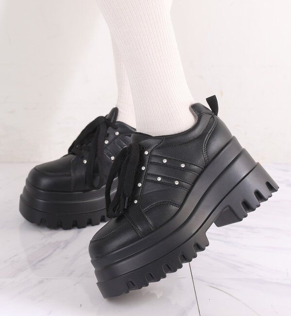  「【ピンク・ブラウン・ブラック】ビジュー付きトリプルソールスニーカー」|その他|ブラック