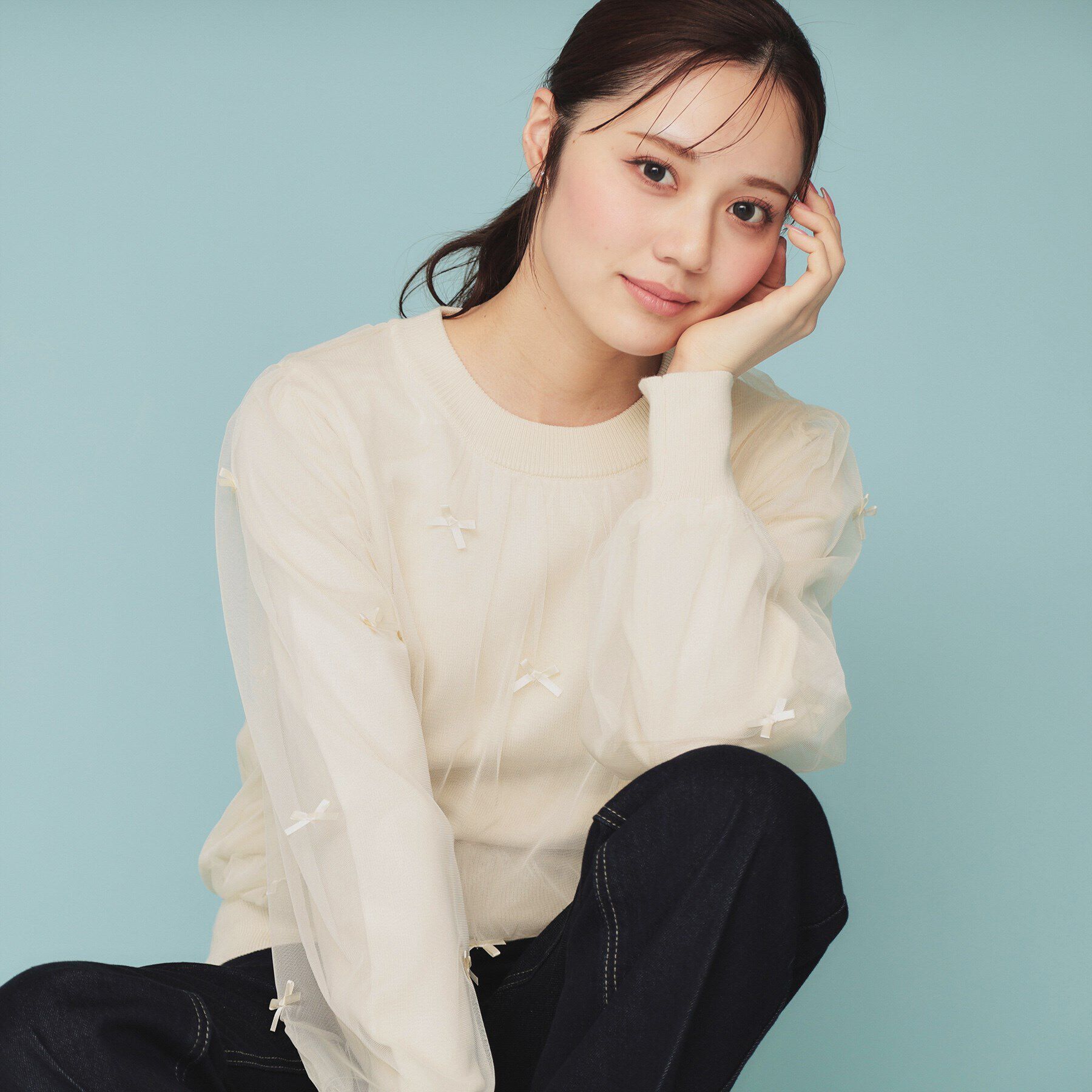 index「チュールレイヤードリボントップス【洗濯機洗い可】」|Tシャツ・カットソー|グレージュ(050)