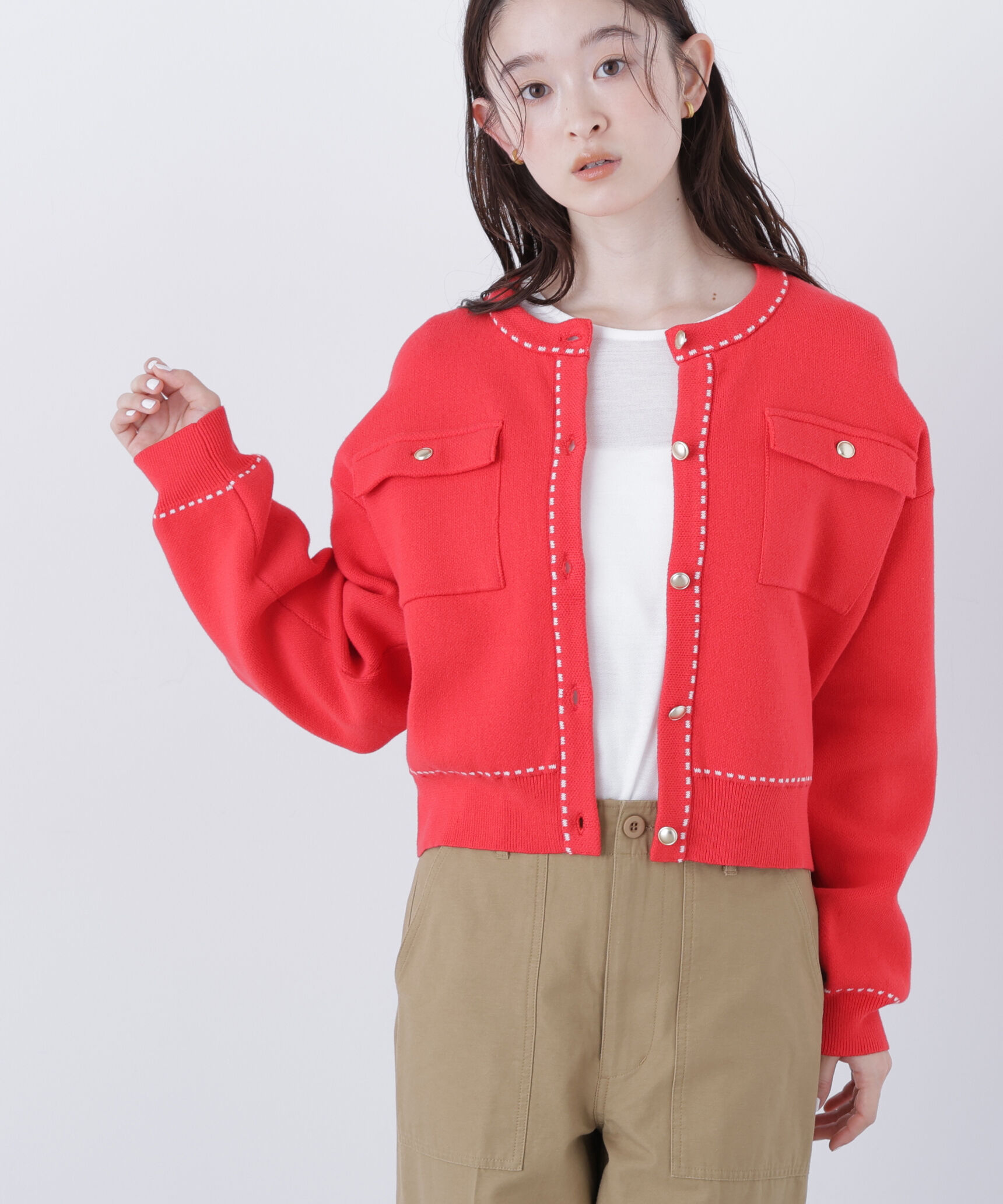  「〈N.〉ステッチニットジャケット」|ニット・セーター|レッド2