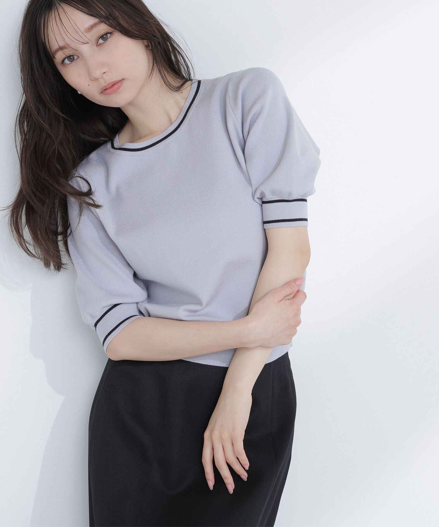  「総針ベーシック バイカラーラインニット」|ニット・セーター|ブルーグレー 2