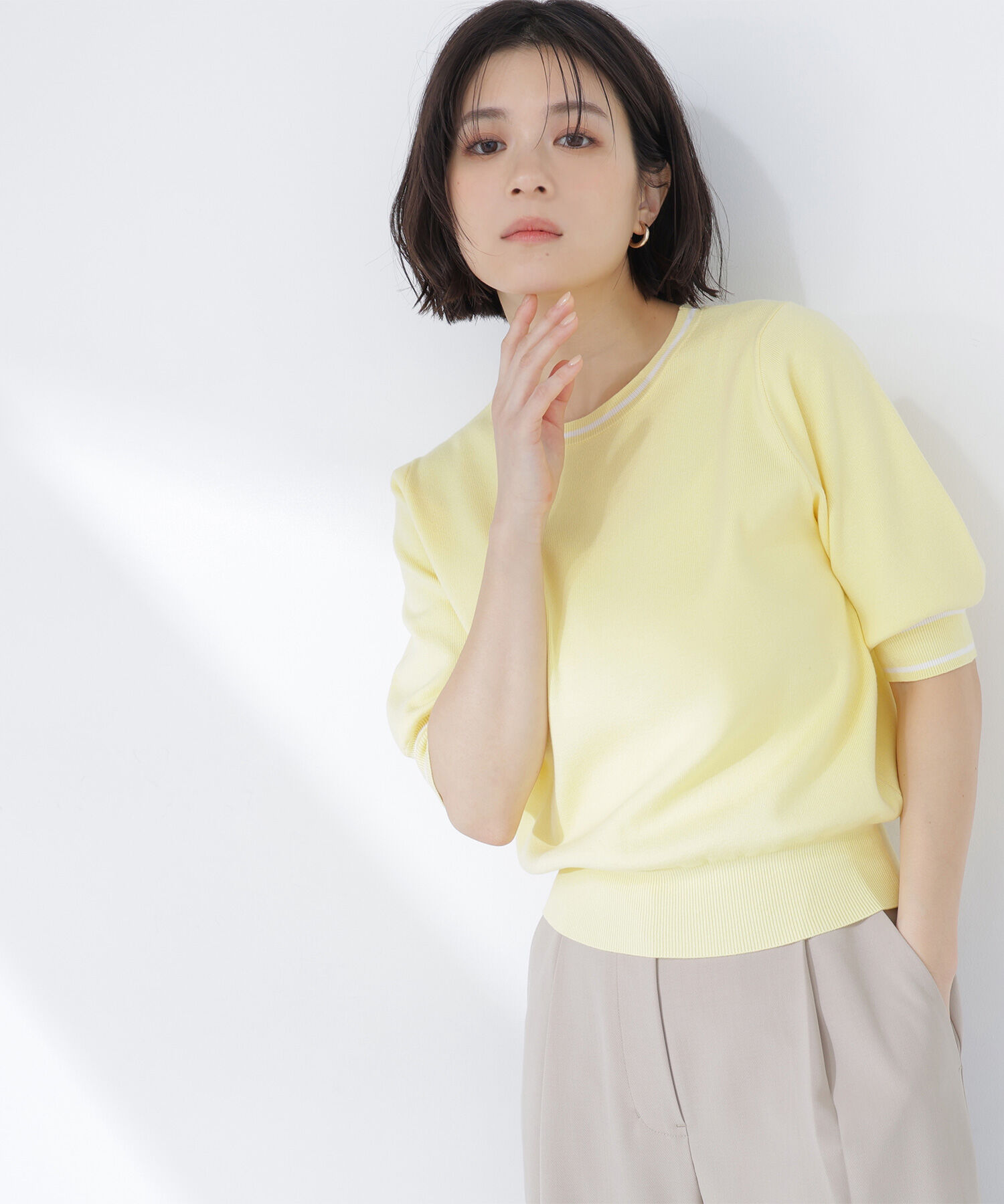  「総針ベーシック バイカラーラインニット」|ニット・セーター|イエロー&times;オ  2