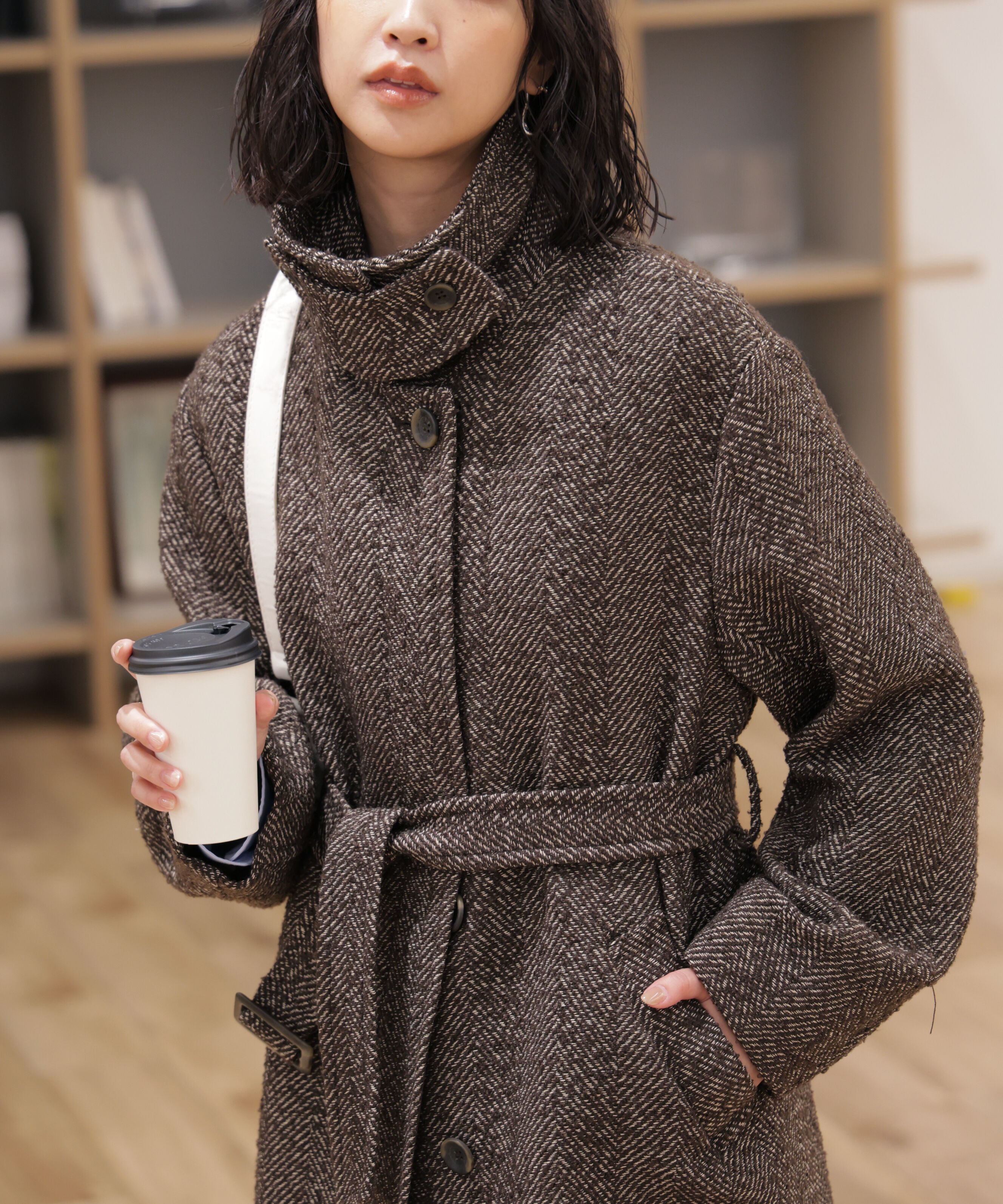  「スタンドカラーミドル丈ツイードコート」|その他|ブラウンベー 1