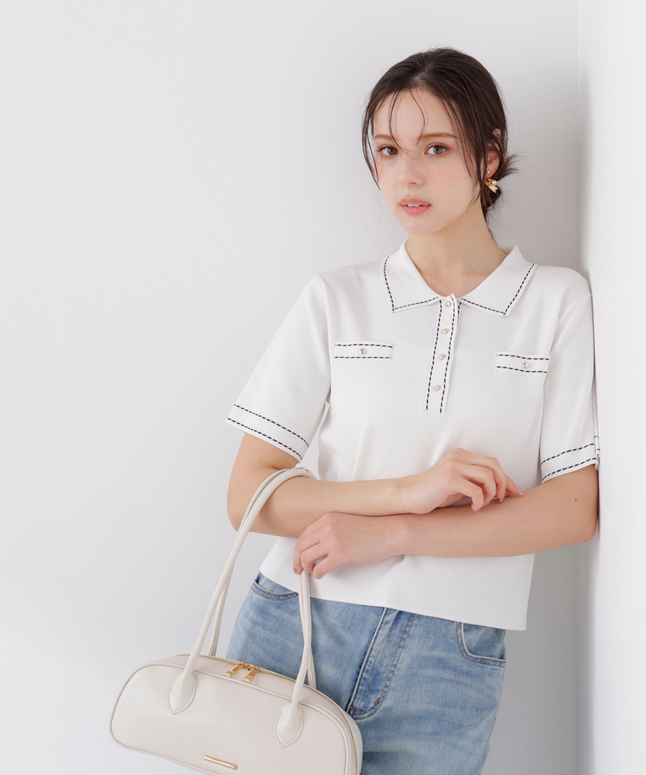 PROPORTION BODY DRESSING「＜UV＞衿付きステッチラインニット　26SS」|ニット・セーター|エクリュ1