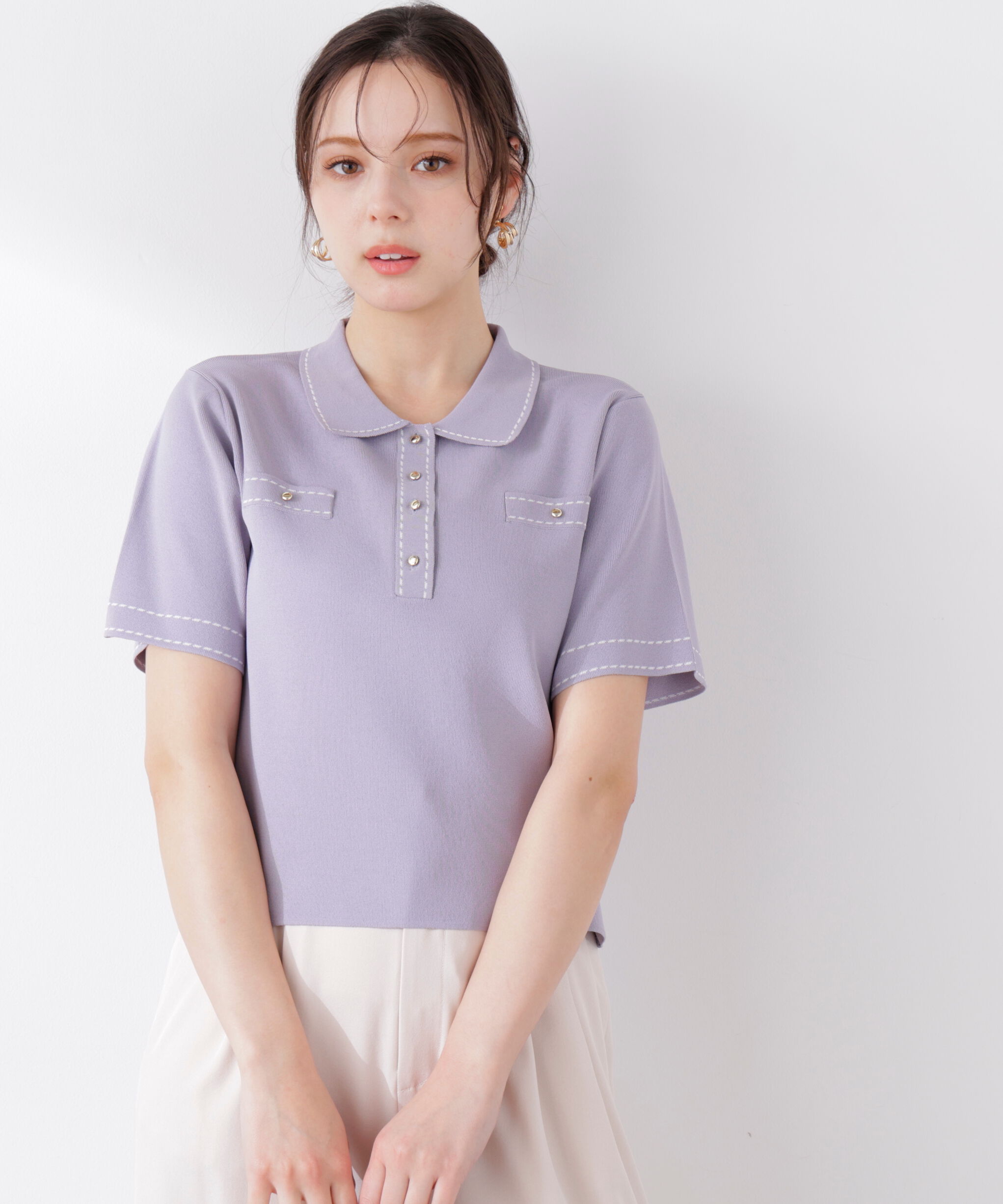 PROPORTION BODY DRESSING「＜UV＞衿付きステッチラインニット　26SS」|ニット・セーター|ラベンダー