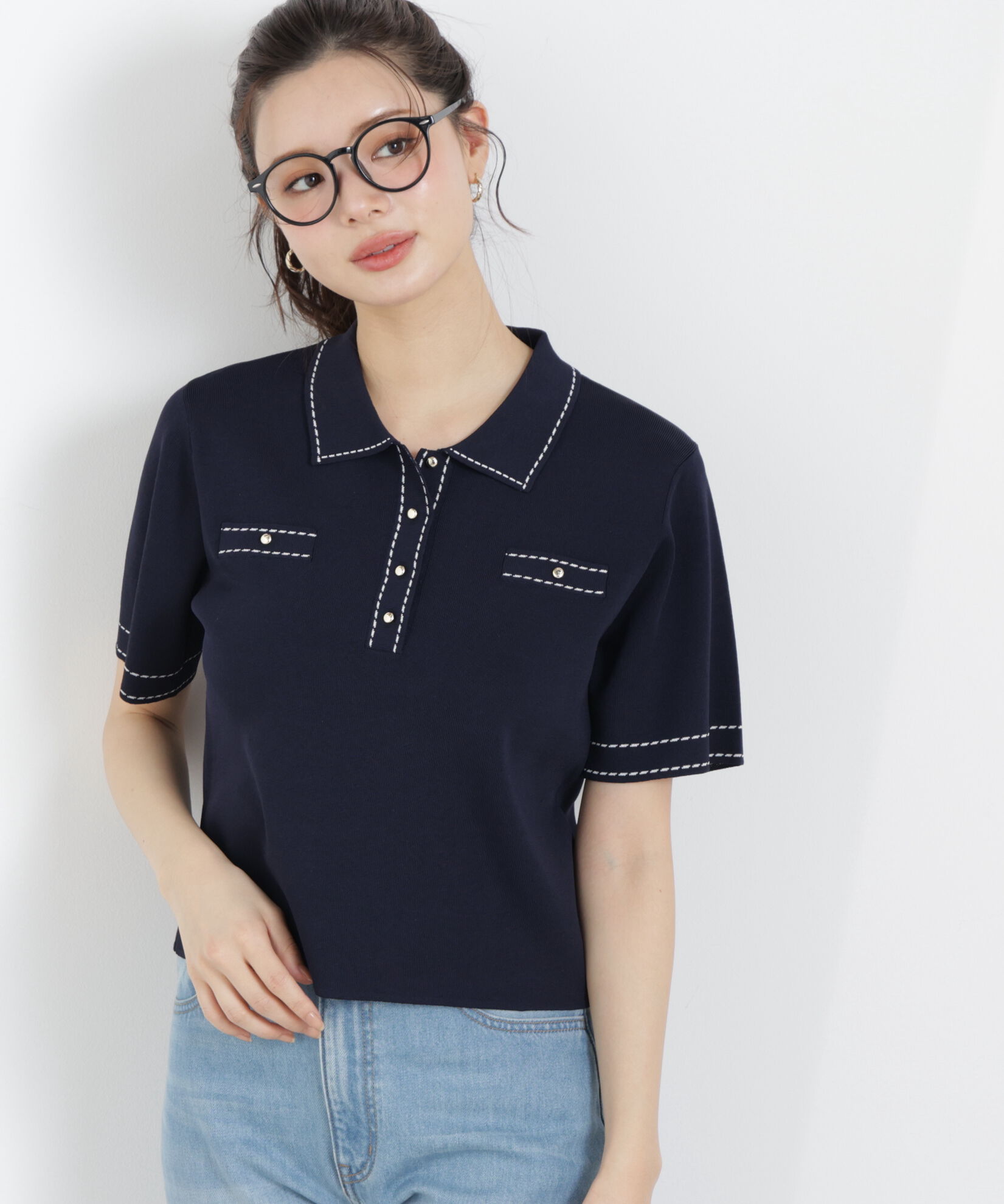 PROPORTION BODY DRESSING「＜UV＞衿付きステッチラインニット　26SS」|ニット・セーター|ネイビー