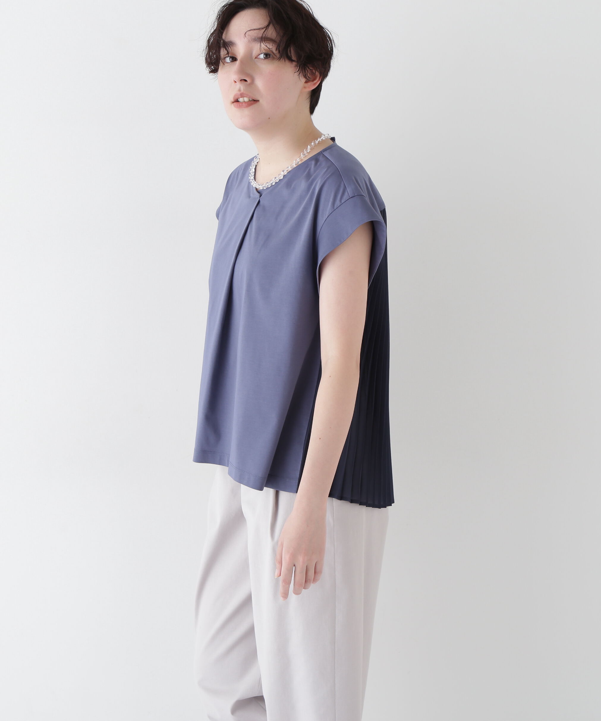  「◆【接触冷感】プリーツドッキングカットソープルオーバー」|Tシャツ・カットソー|ブルー