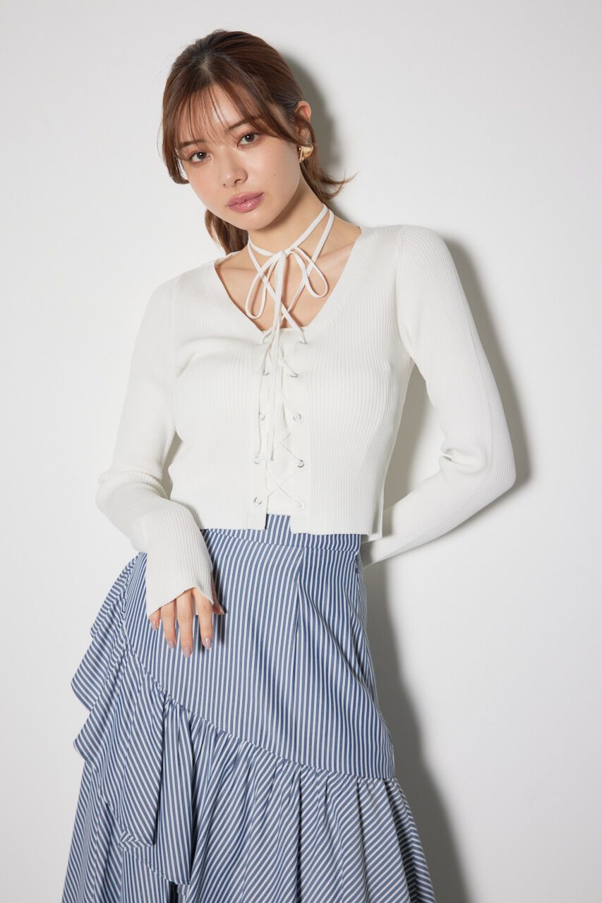 rienda「レースアップリブニットトップス」|ニット・セーター|WHT