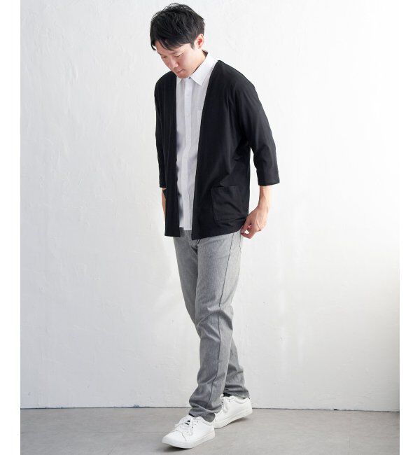 ikka「7分袖バイカラーボタンレスカーディガン」|カーディガン|