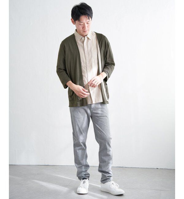 ikka「7分袖バイカラーボタンレスカーディガン」|カーディガン|