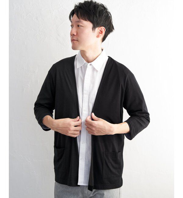 ikka「7分袖バイカラーボタンレスカーディガン」|カーディガン|ブラック