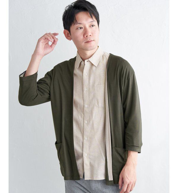 ikka「7分袖バイカラーボタンレスカーディガン」|カーディガン|カーキ