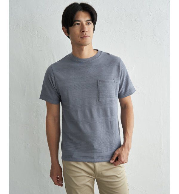 IKKA LOUNGE「冷感リップルボーダーT」|Tシャツ・カットソー|サックスブルー