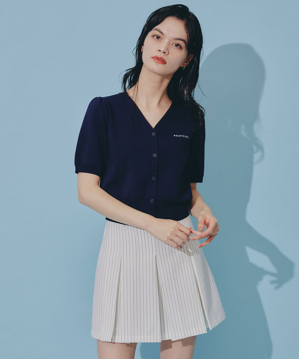 REDYAZEL「ロゴVネックショートスリーブカーディガン」|カーディガン|ネイビー