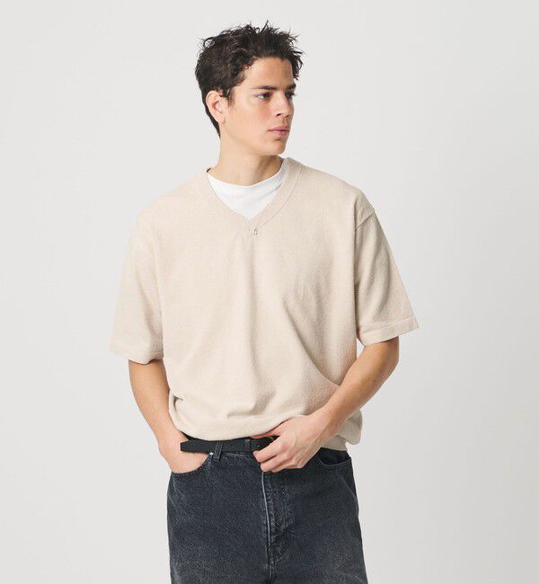 BEAUTY&YOUTH UNITED ARROWS「KNITEE クリンプコットン Vネック ニット Tシャツ ウォッシャブル」|ニット・セーター|NATURAL