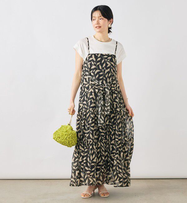 NOLLEY'S「【Import Fabric】ウォッシャブル楊柳リーフ柄ウエストリボンワンピース」|ワンピース|グレー系1