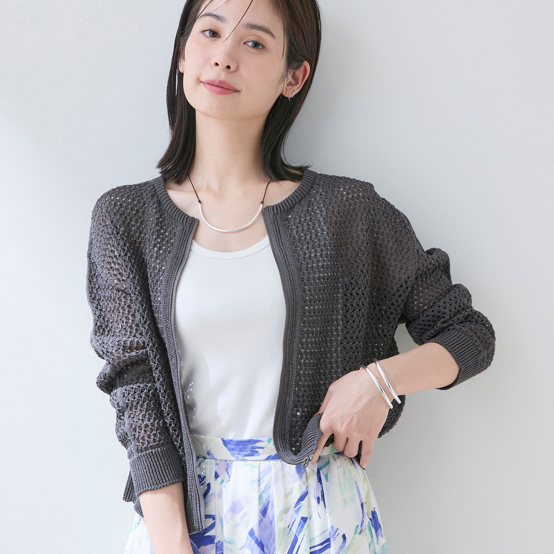 INDIVI「【洗える／コットン】メッシュジップニットカーディガン」|カーディガン|