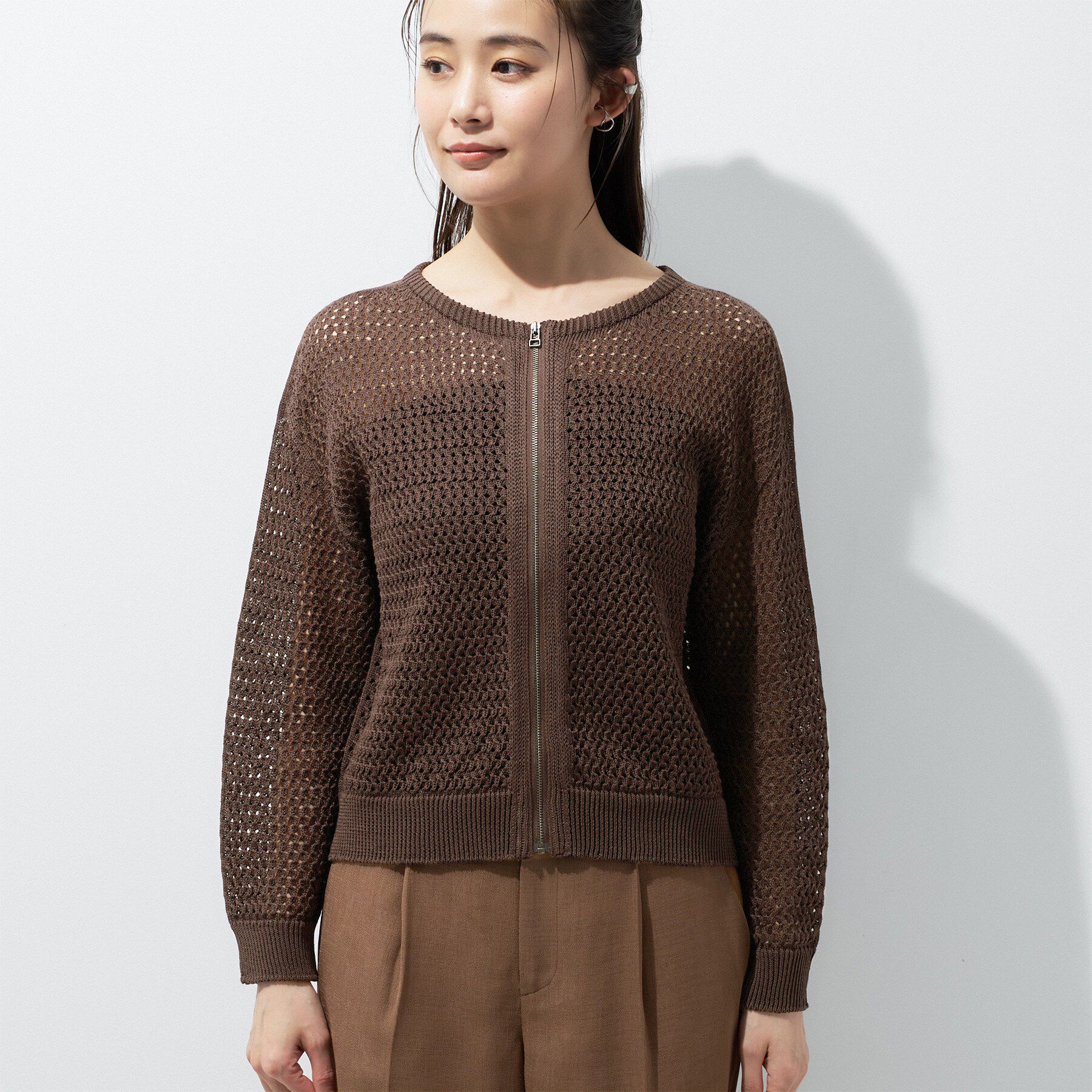 INDIVI「【洗える／コットン】メッシュジップニットカーディガン」|カーディガン|