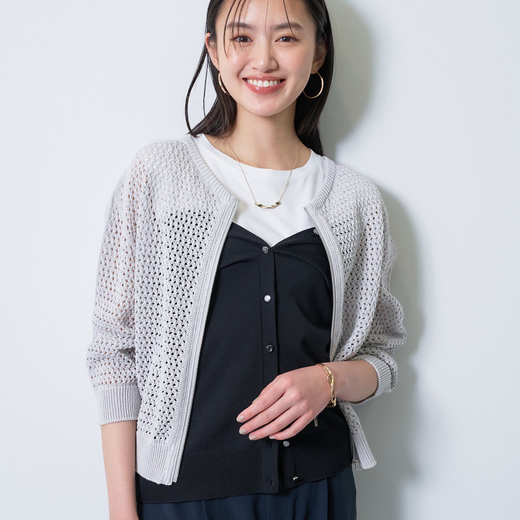 INDIVI「【洗える／コットン】メッシュジップニットカーディガン」|カーディガン|