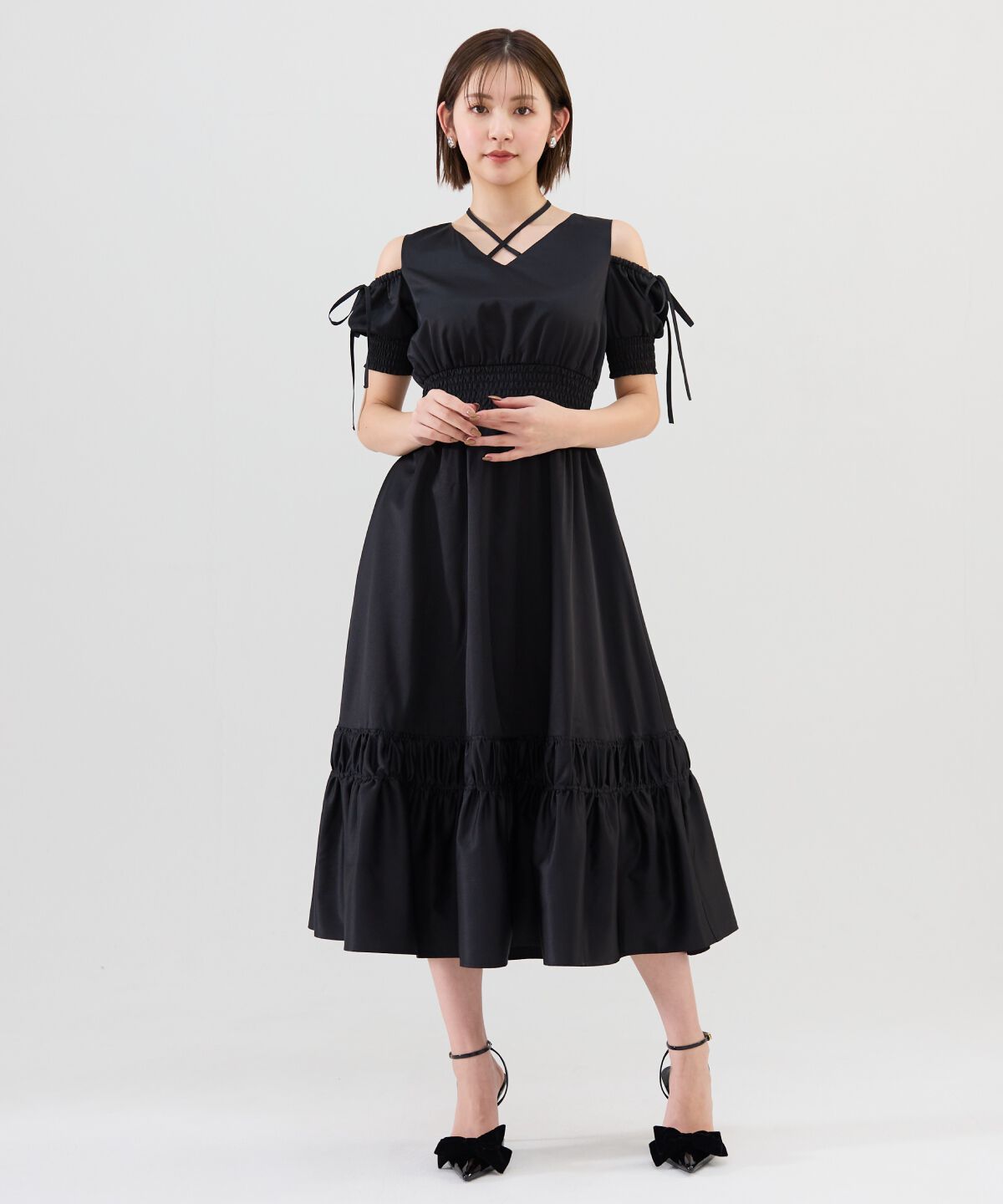 REDYAZEL「シャーリングオープンショルダーワンピース」|ワンピース|ブラック