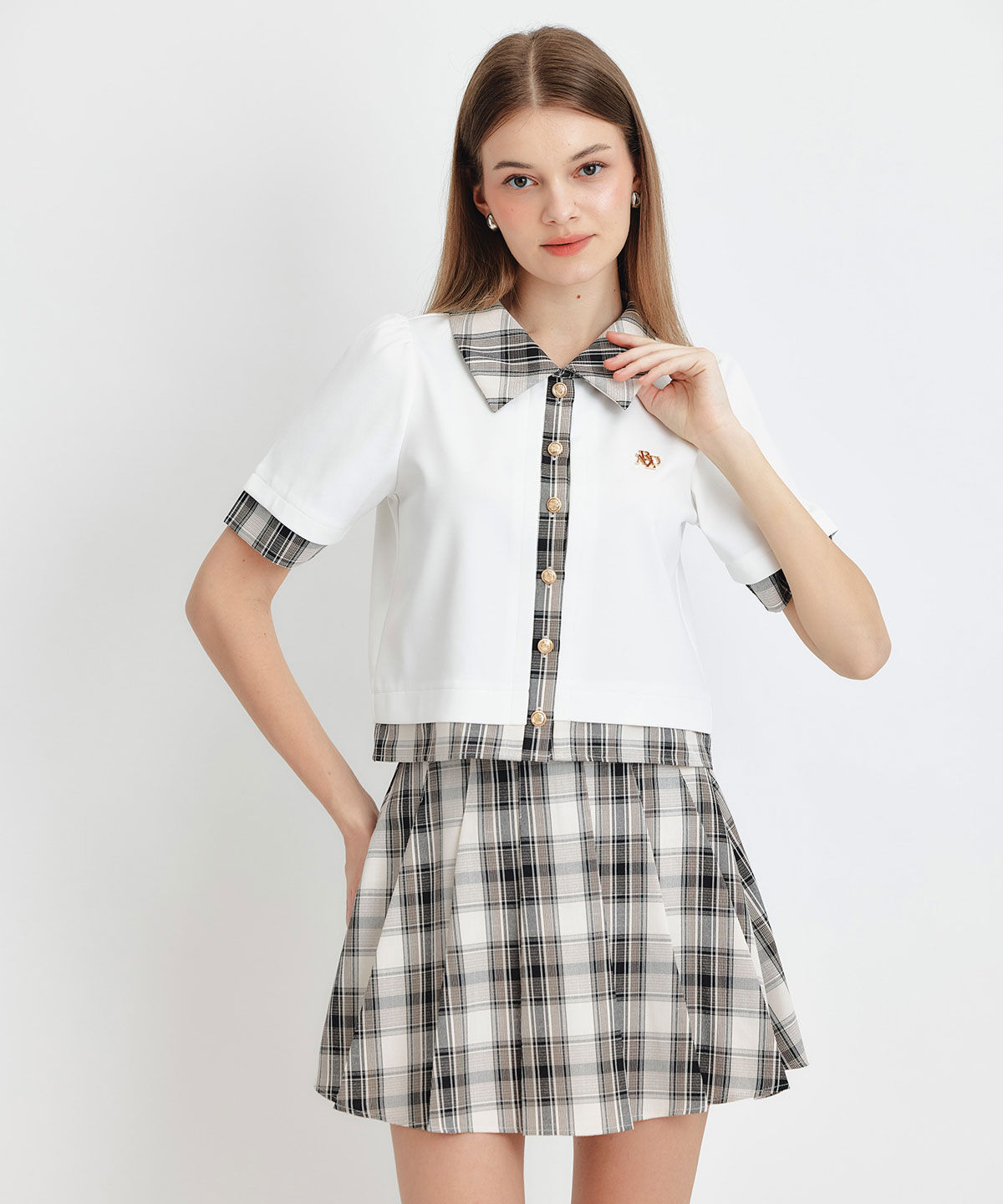 REDYAZEL「ロゴブローチブラウス&times;チェックプリーツミニスカートセットアップ」|ワンピース|