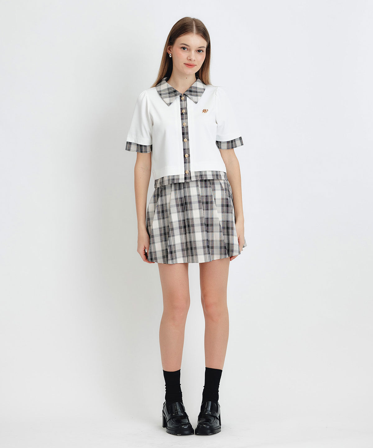 REDYAZEL「ロゴブローチブラウス&times;チェックプリーツミニスカートセットアップ」|ワンピース|