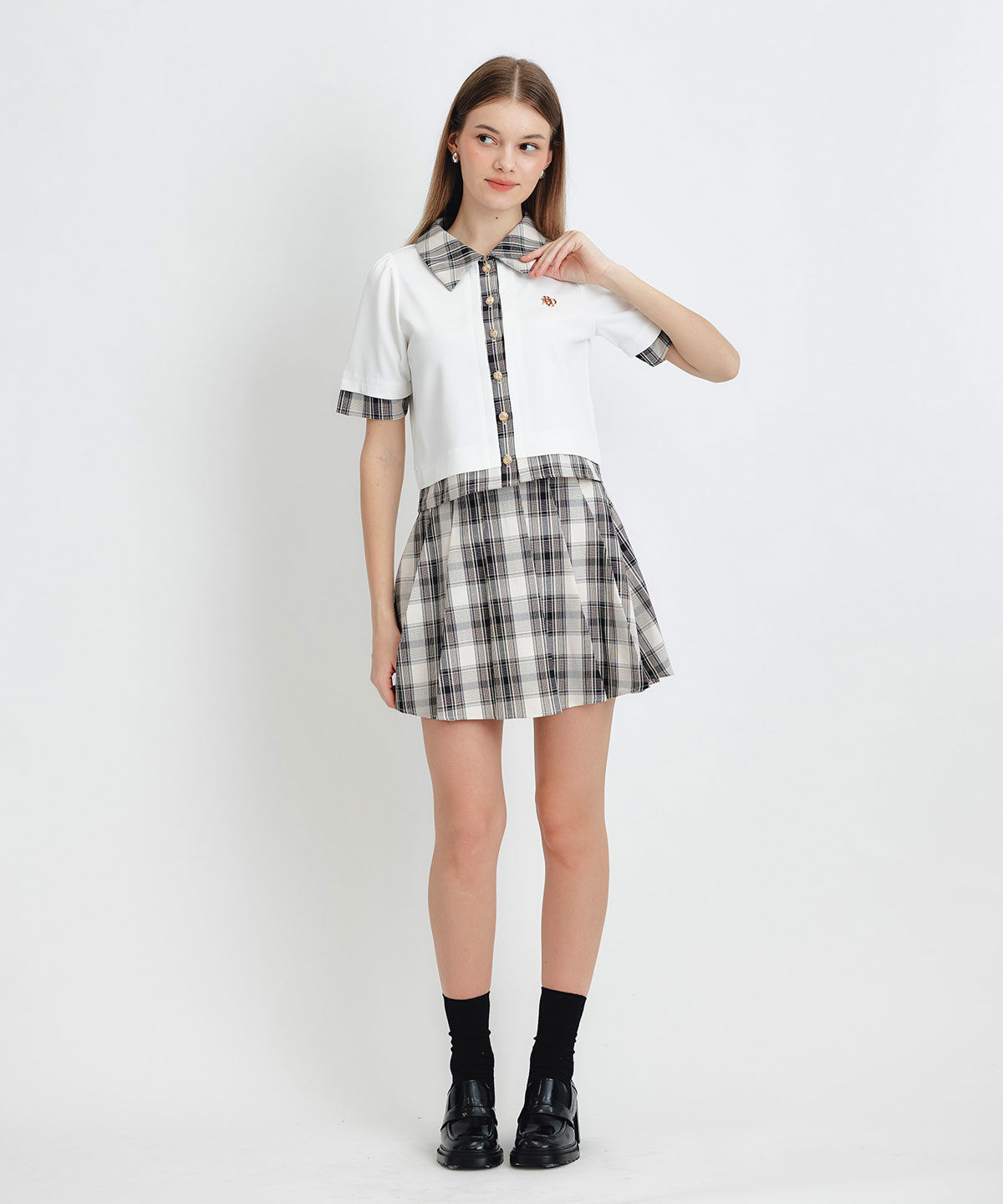 REDYAZEL「ロゴブローチブラウス&times;チェックプリーツミニスカートセットアップ」|ワンピース|