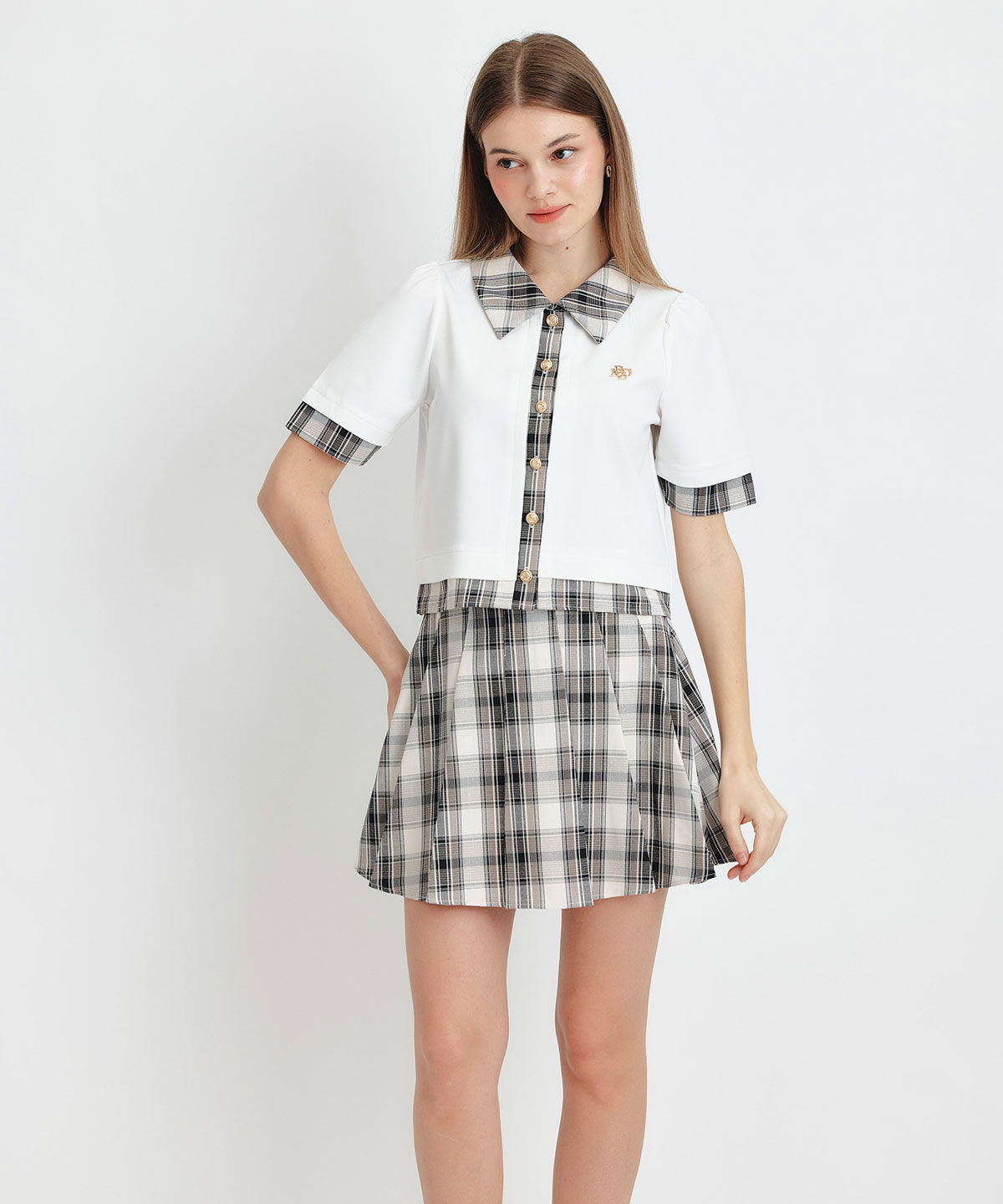 REDYAZEL「ロゴブローチブラウス&times;チェックプリーツミニスカートセットアップ」|ワンピース|