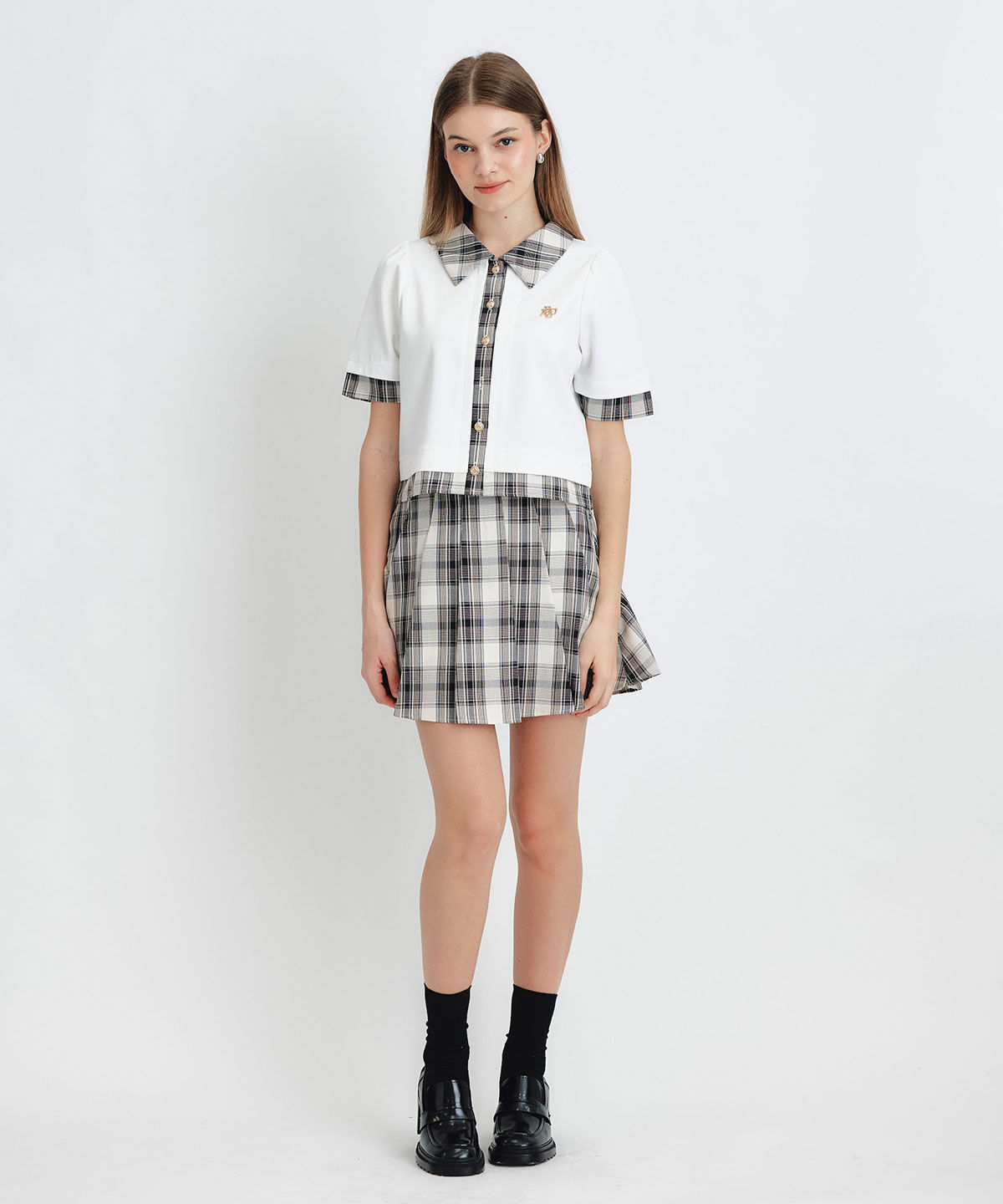 REDYAZEL「ロゴブローチブラウス&times;チェックプリーツミニスカートセットアップ」|ワンピース|