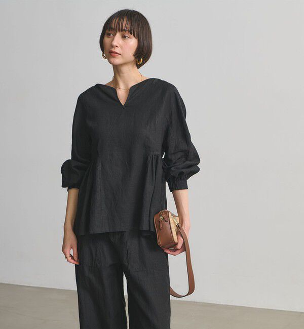 UNITED ARROWS「リネン スキッパー ペプラム ブラウス ‐ウォッシャブル‐」|シャツ・ブラウス|BLACK