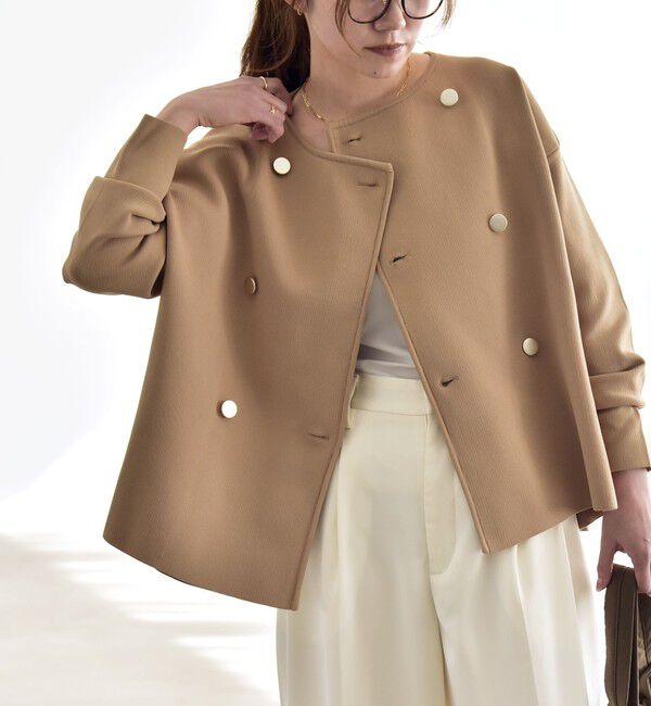 quaranciel「quaranciel:〈手洗い可能〉ニット ノーカラー ダブル ジャケット カーディガン」|カーディガン|