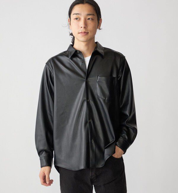 SHIPS「BENCH MARKING SHIRT: レギュラーカラー 合成皮革 シャツ」|シャツ・ブラウス|ブラック