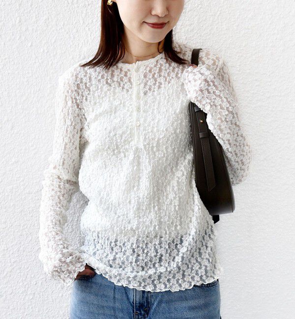SHIPS for women「〈手洗い可能〉ラッセル レース ヘンリー ネック 2WAY プルオーバー」|Tシャツ・カットソー|