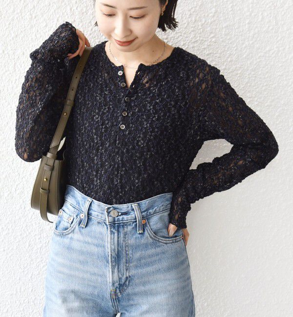 SHIPS for women「〈手洗い可能〉ラッセル レース ヘンリー ネック 2WAY プルオーバー」|Tシャツ・カットソー|