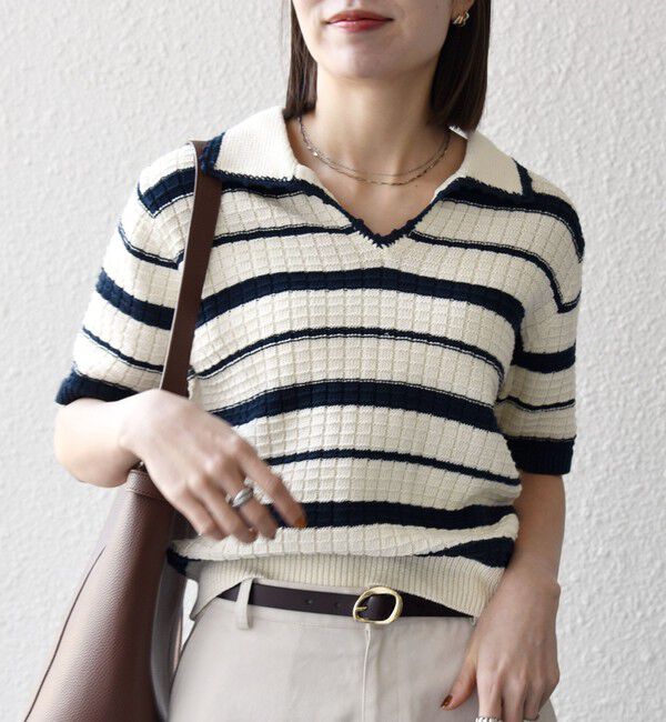 SHIPS any「SHIPS any:〈手洗い可能〉バスケット編み 配色 マルチボーダー ポロ ニット」|ニット・セーター|