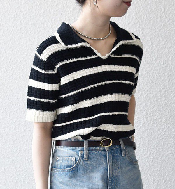 SHIPS any「SHIPS any:〈手洗い可能〉バスケット編み 配色 マルチボーダー ポロ ニット」|ニット・セーター|