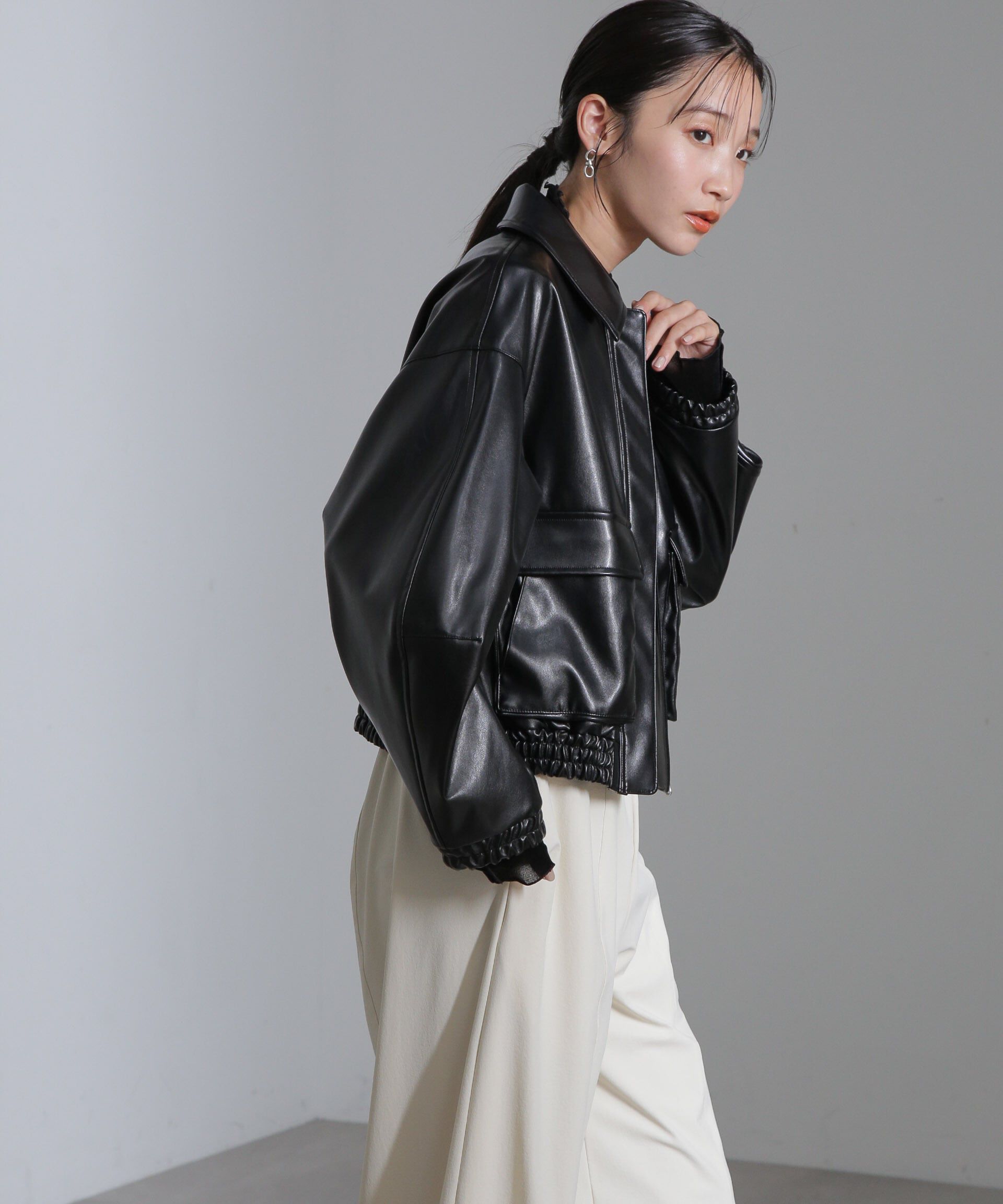 nano･universe「フェイクレザーショートブルゾン(セットアップ可)」|ブルゾン・スタジャン|