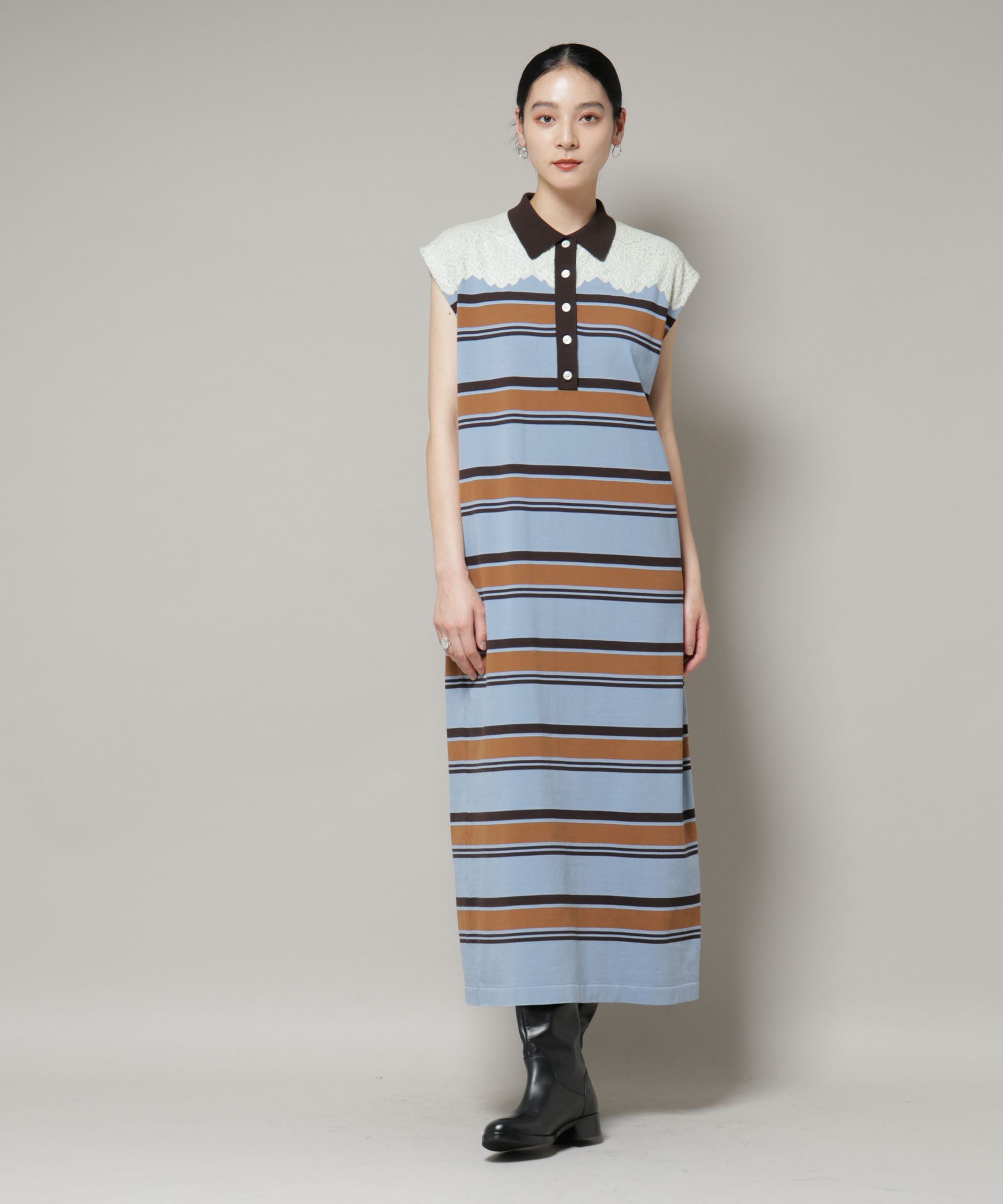 nano･universe「コットンボーダーレース編みポロニットワンピース」|ワンピース|ブルー