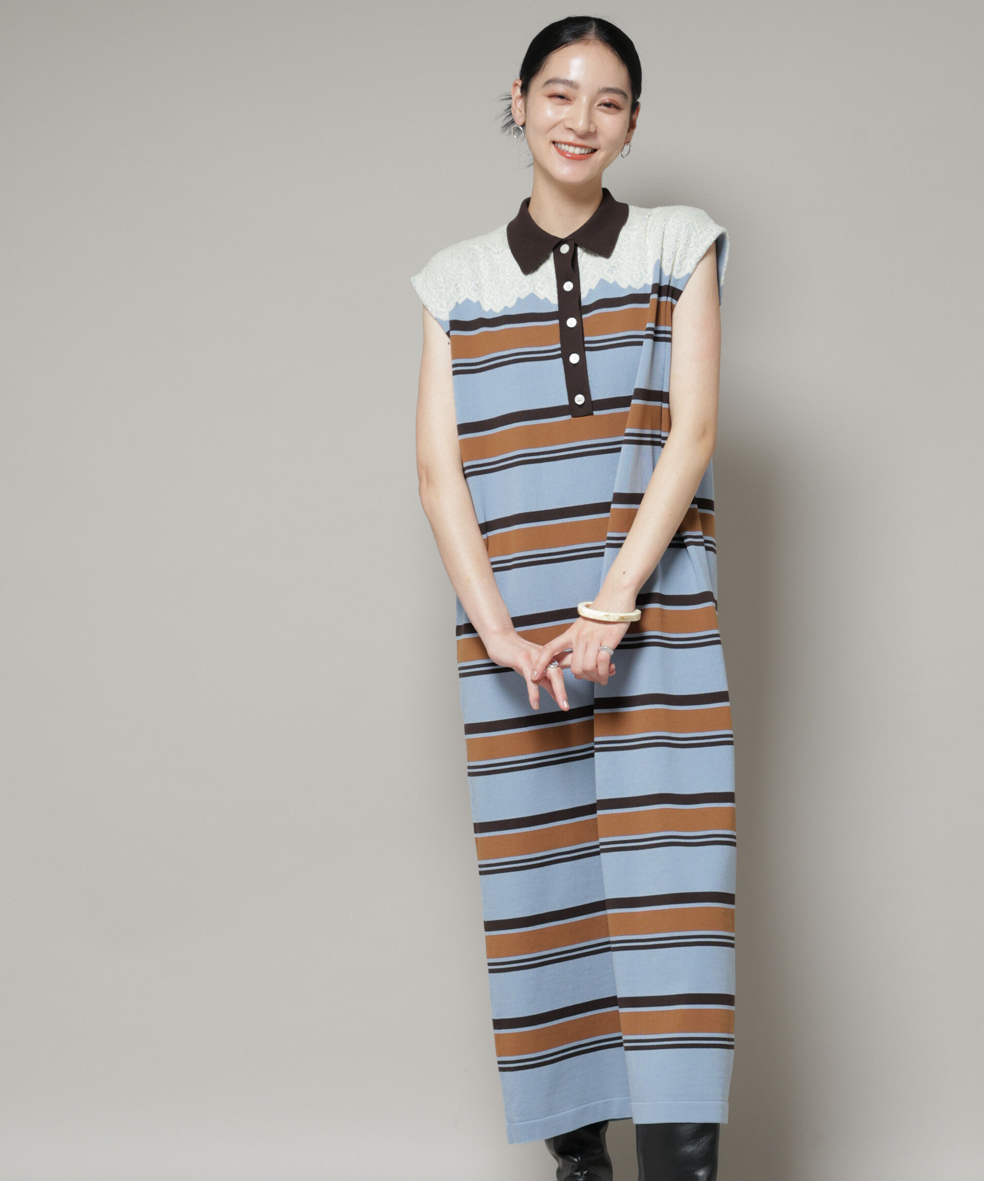 nano･universe「コットンボーダーレース編みポロニットワンピース」|ワンピース|