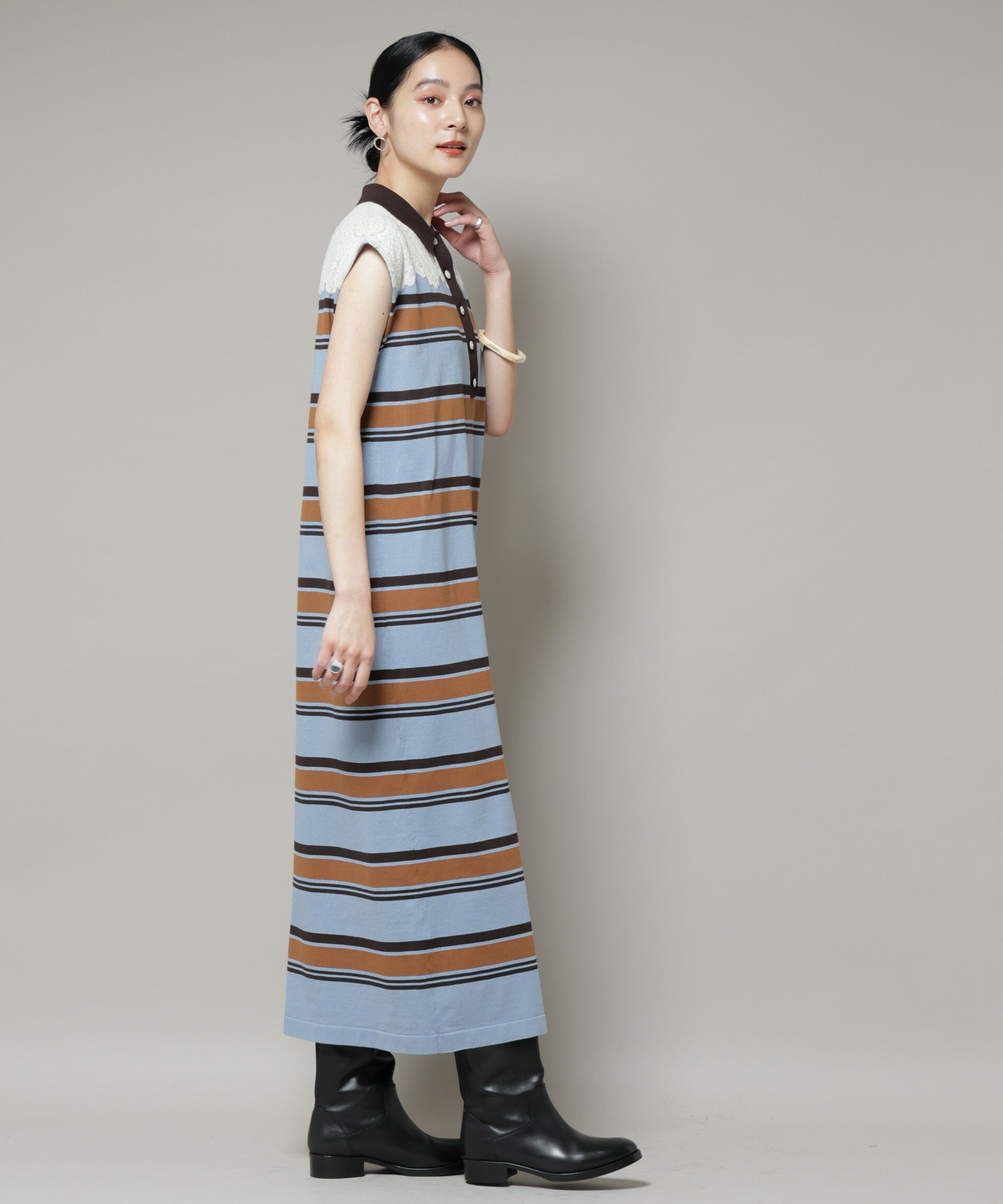 nano･universe「コットンボーダーレース編みポロニットワンピース」|ワンピース|