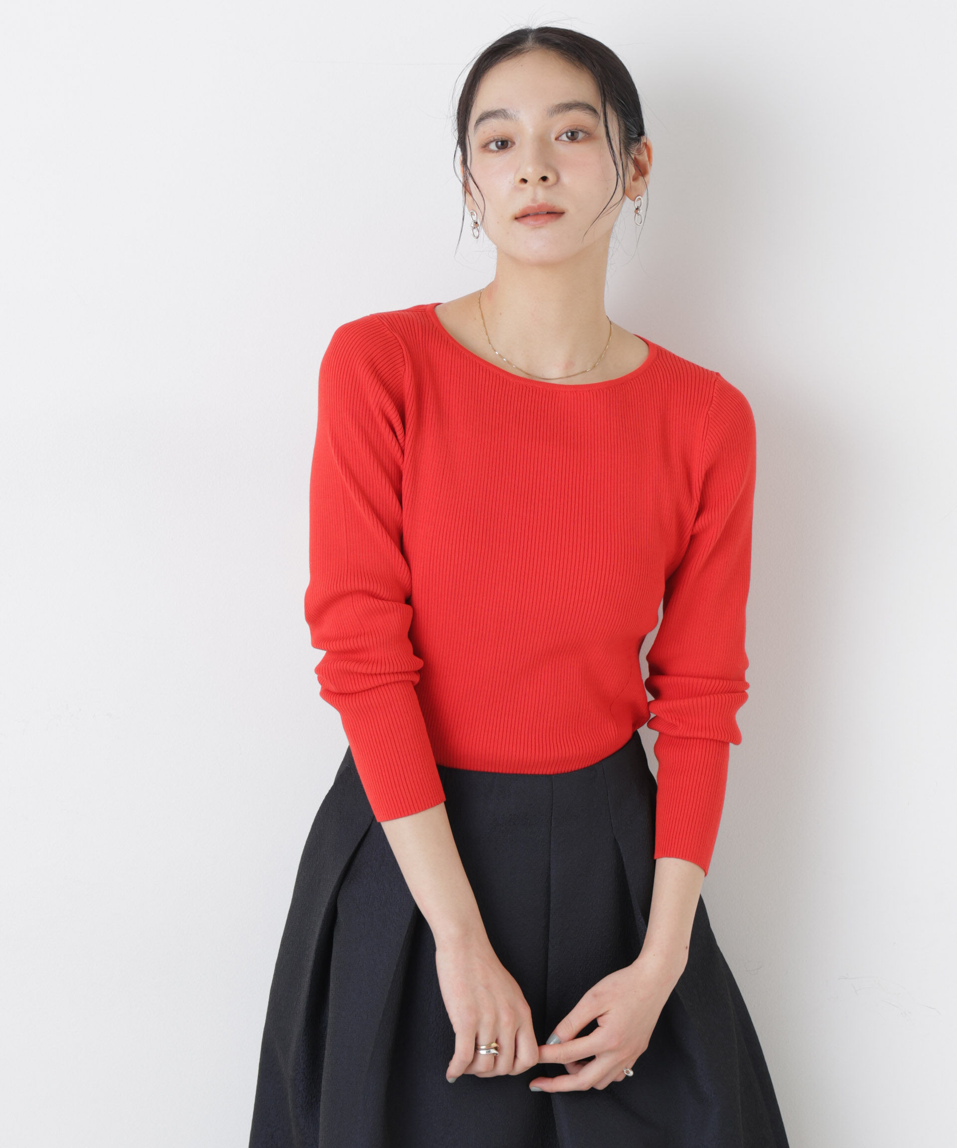 nano･universe「ウォッシャブルハイツイストボートネックリブニット」|ニット・セーター|レッド