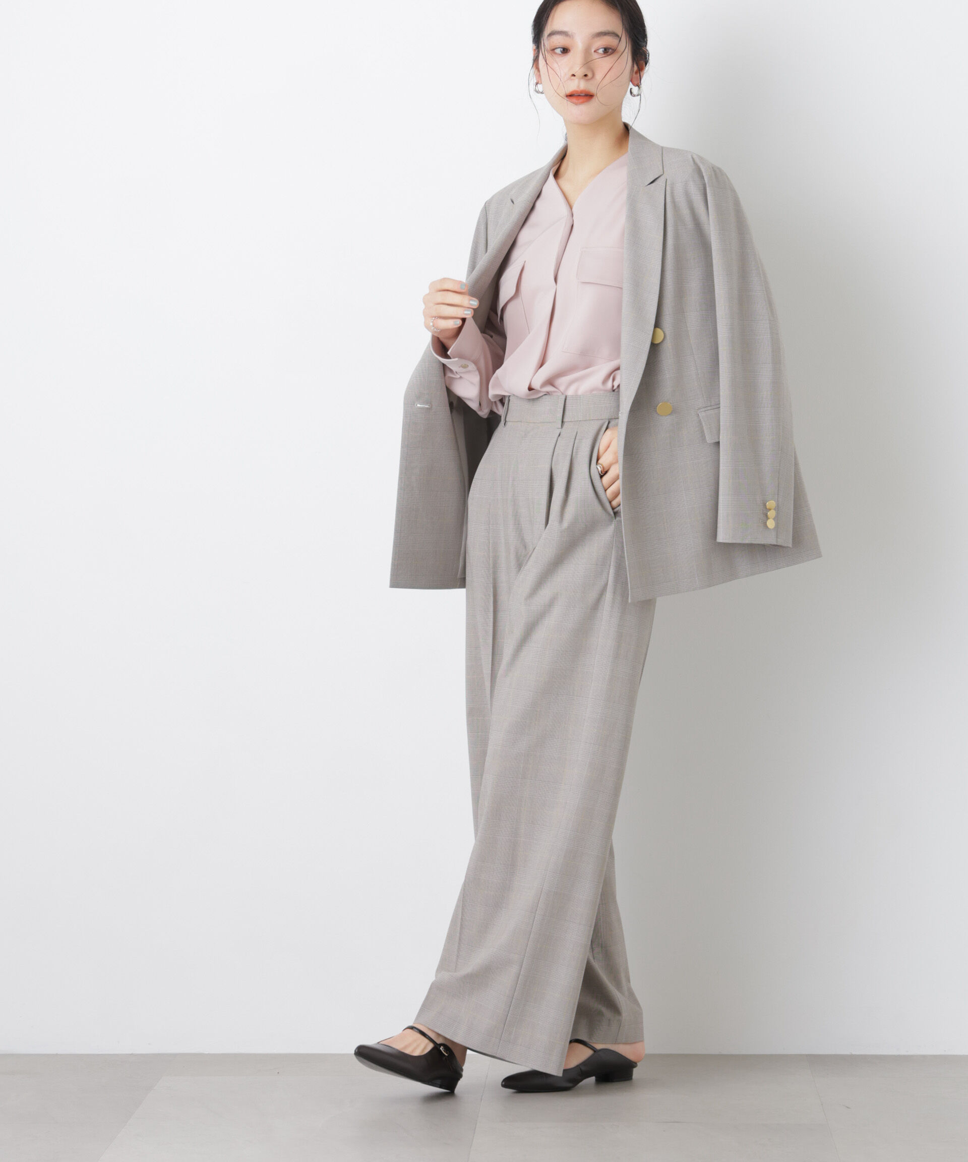 nano･universe「トロストレッチ2タックワイドパンツ(セットアップ可)」|チノ|