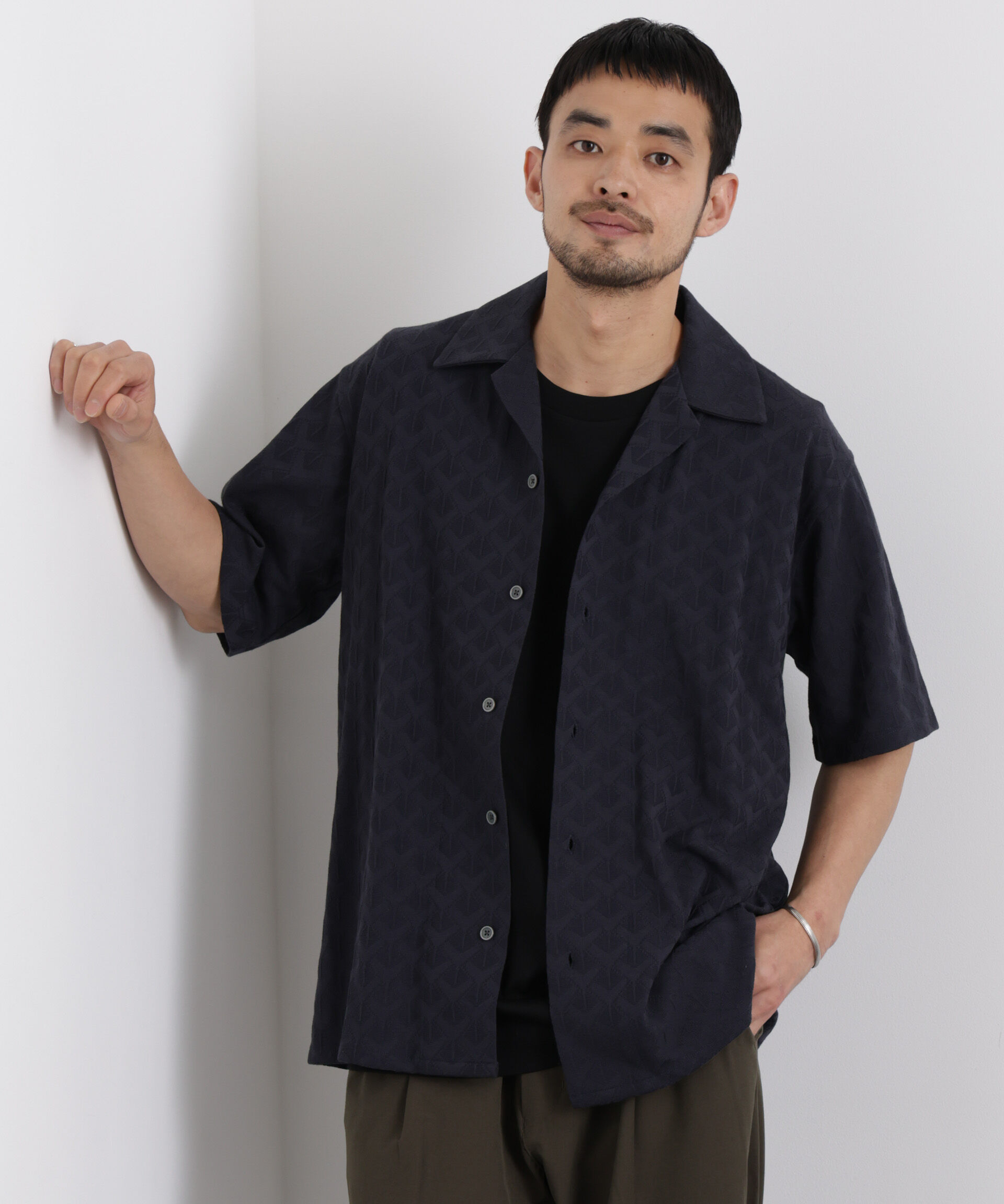 nano･universe「WEB限定/ジャガードオープンカラーシャツ 半袖」|シャツ・ブラウス|ブラック