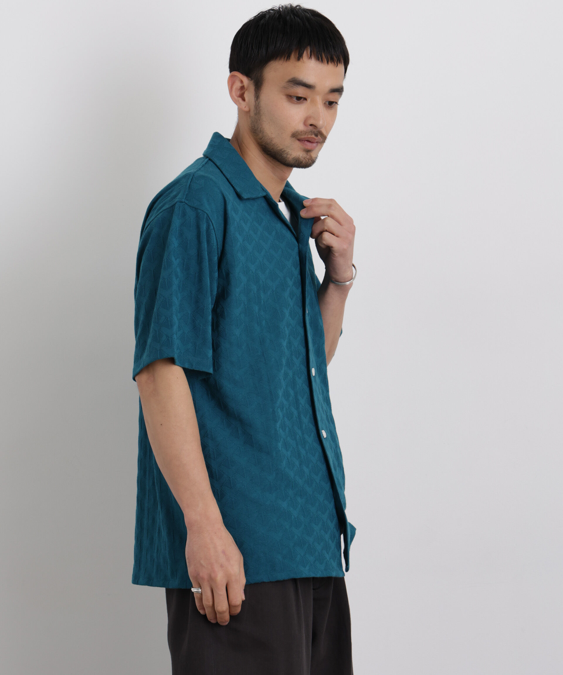 nano･universe「WEB限定/ジャガードオープンカラーシャツ 半袖」|シャツ・ブラウス|エメラルド3