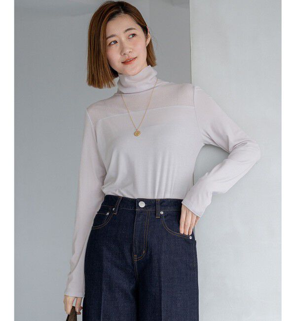 23区「【洗える】チュールフライス シアーハイネック カットソー」|Tシャツ・カットソー|グレージュ系