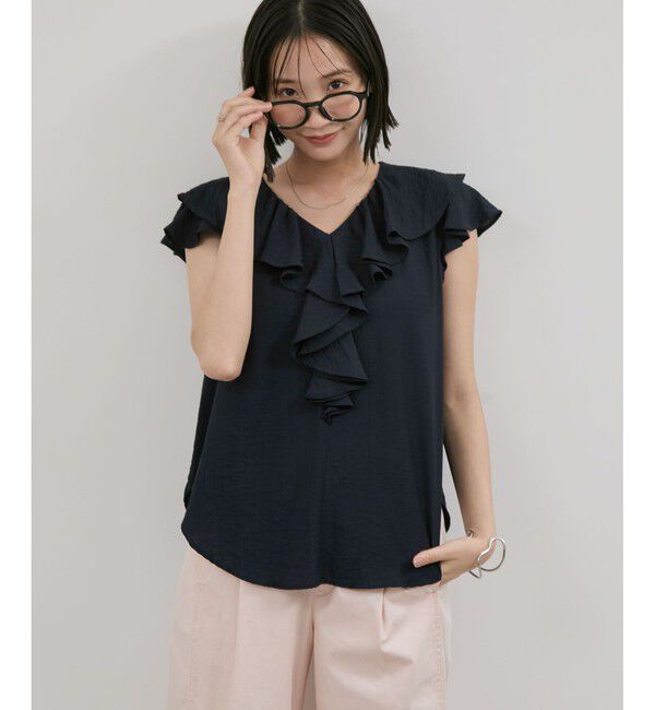VIS「【WEB限定】ラッフルフリルフレンチスリーブブラウス」|シャツ・ブラウス|ネイビー(40)