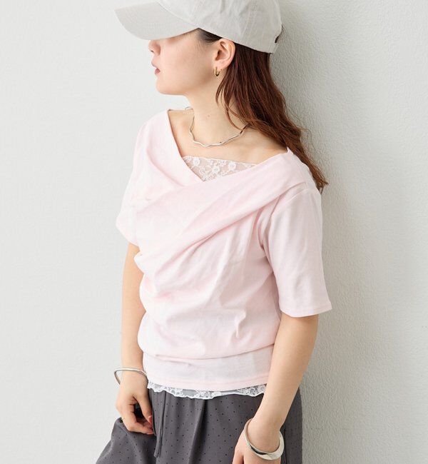  「レースドッキングオフショル半袖Tシャツ」|Tシャツ・カットソー|ピンク