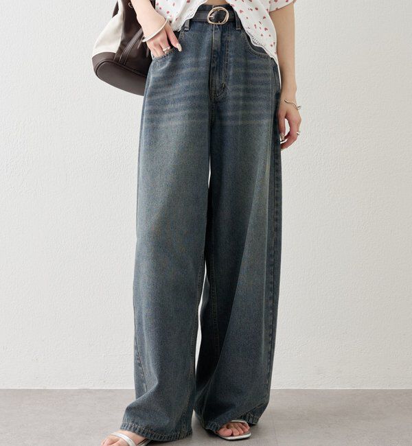 「ベルト付きカーブワイドデニム」|デニム|