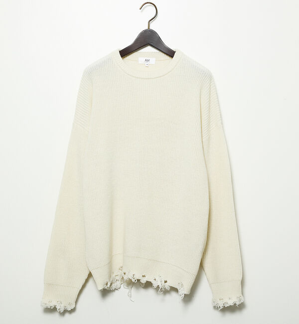 ABAHOUSE「【AH ABAHOUSE】畦編み ダメージ クルーネックニット プルオーバー」|ニット・セーター|ホワイト