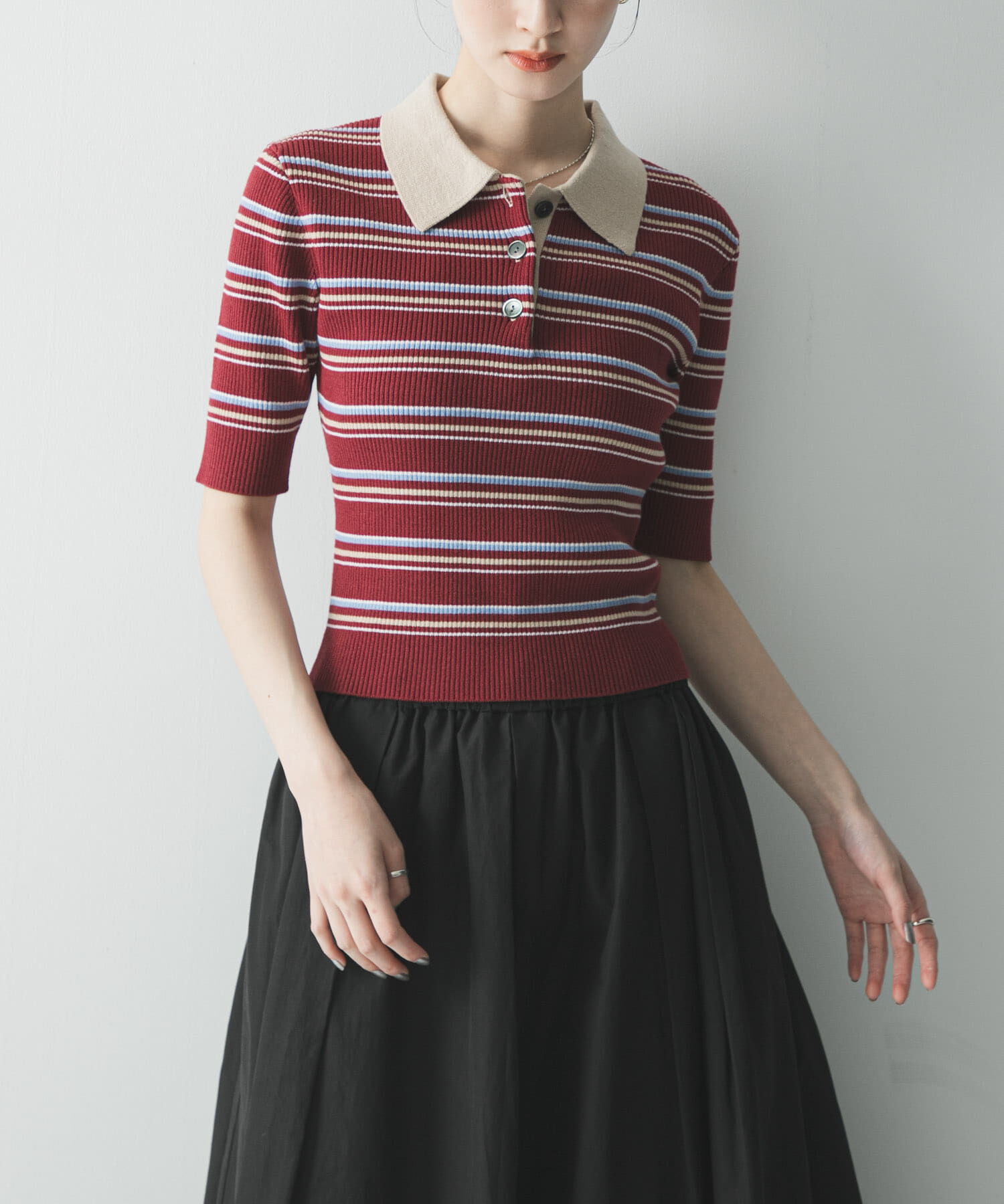 URBAN RESEARCH「コットンシルクハーフスリーブポロ衿ニット」|ニット・セーター|レッド系その他